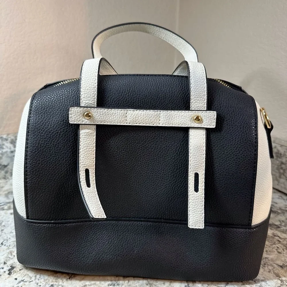 Adrienne Vittadini Black White Colorblock Collection Barrel Bag